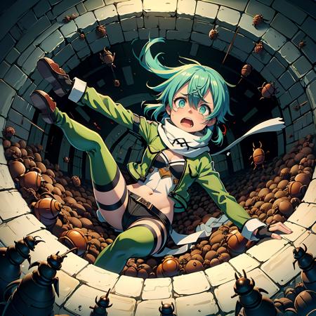 masterpiece,best quality,highly detailed,1girl,solo,scared,panicking,constricted pupils,screaming,raised eyebrows,crying,wide-eyed,
<lora:sinon_v5:0.75>, sinon1,scarf,fingerless gloves,long sleeves,short shorts,hair ornament,hairclip,green thighhighs,green jacket,thigh strap,
<lora:dungeonScarab:0.4>,fallingScarab,(((falling,floating,hole,girl falling in dungeon pit))),stuck of scrabs,crowd of scrabs,too many scarabs,full body,from above,reaching,