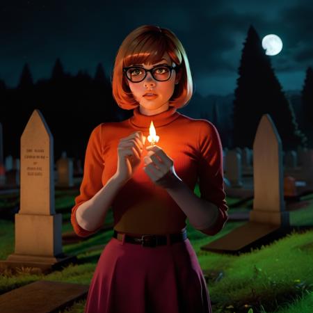 photography of (sdxlvelma:1.2) holding a torch in a graveyard by night, (sdxlvelma:1.2), graveyard, detailed, realistic, 8k uhd, high quality