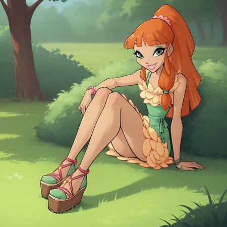 xmielex, orange hair, long hair, ponytail, green eyes, makeup, lipstick casual outfit, hair flowers, dress, bracelet, platform footwear fairy outfit, headband, hair ornament, wings, skirt, bare shoulders, detached sleeves, shoes, flats