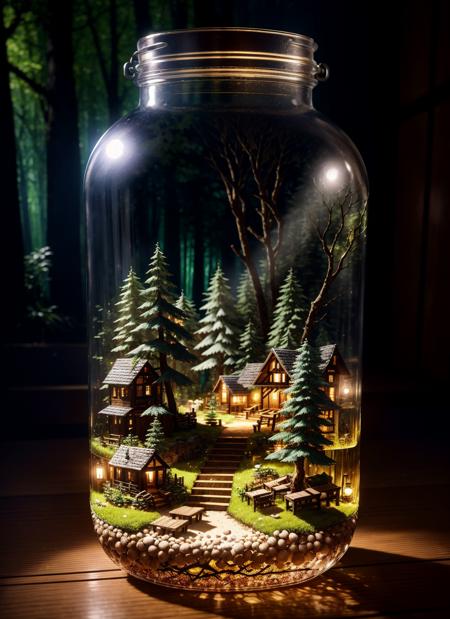 (An intricate forest minitown landscape trapped in a bottle), atmospheric oliva lighting, on the  table, 4k UHD, dark vibes, hyper detailed, vibrant colours, epic composition, octane render, sharp focus, high resolution isometric