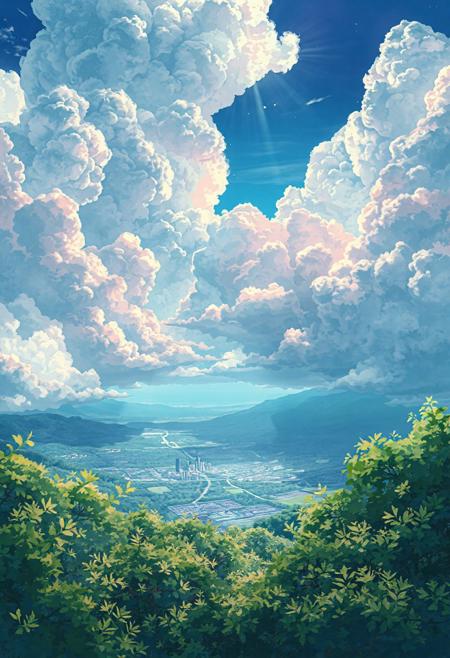 "Vertical 9:16 cinematic anime scene, viewpoint from a mountain, highly detailed anime-style bushes and shrubs in the foreground, overlooking a peaceful distant city, massive textured cloud cover above with visible bumps and organic folds, scattered bright gaps revealing deep blue sky, strong sunlight beams breaking through clouds, inspired by 'Weathering with You', pastel and slightly vivid colors (sky blue, soft pinks, lush green bushes), soft watercolor anime shading, ultra-high detail, dreamy and emotional atmosphere, gentle wind movement."