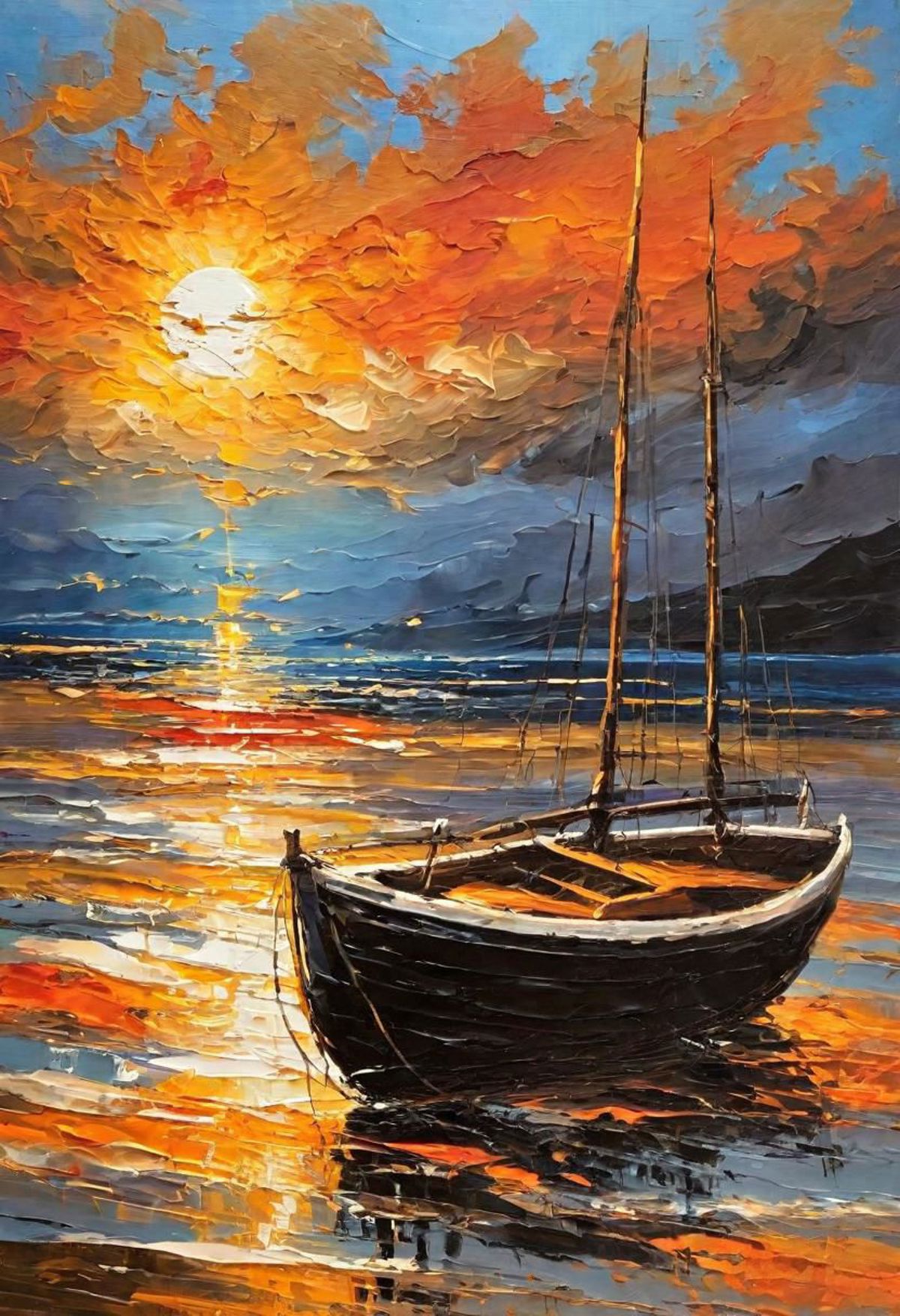 A Painting of a Small Boat on the Water with the Sun Setting in the Background.