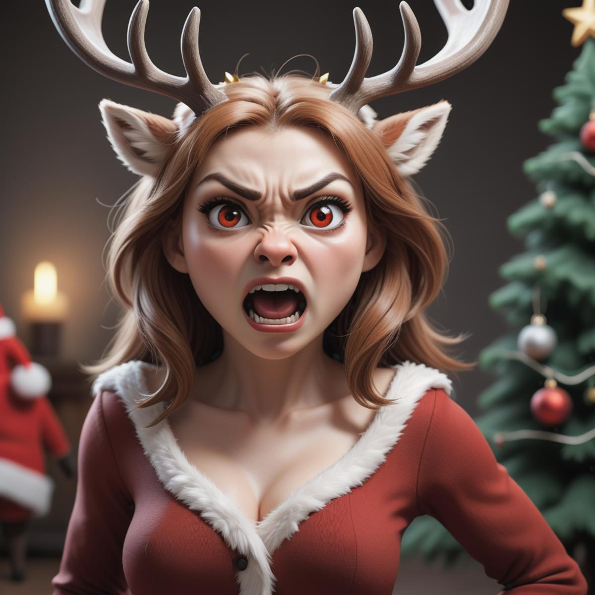 A woman with deer antlers on her head and a Santa outfit, screaming at the camera.