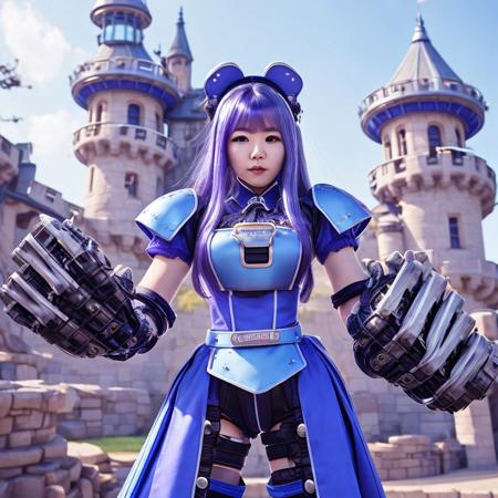 <lora:grabbygrills:0.8>, grabbygrills,  beautiful korean woman with  (oversized mechanical gauntlets:1.05), blue maid outfit, purple hair, castle background, (perfect face, perfect hair:1.24)
