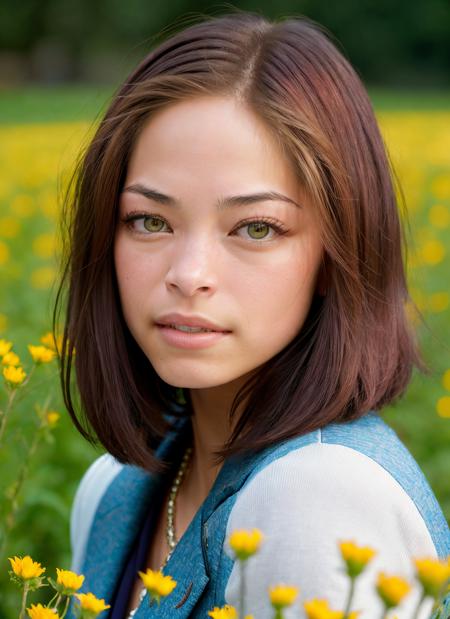 portrait of Kristin Kreuk, happiness , wearing tailored , with light brown Lob (long bob) , background field of flowers epic (photo, studio lighting, hard light, sony a7, 50 mm, matte skin, pores, colors, hyperdetailed, hyperrealistic), <lyco:Kristin Kreuk:1.1>