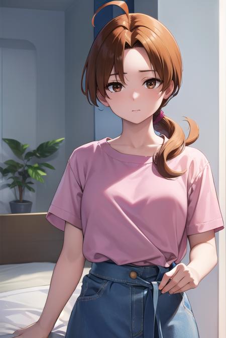 deliaketchum, brown hair, (brown eyes:1.7), parted bangs, (ahoge:1.5), ponytail, low ponytail, shirt, pink shirt, short sleeves, skirt, blue skirt, long skirt,