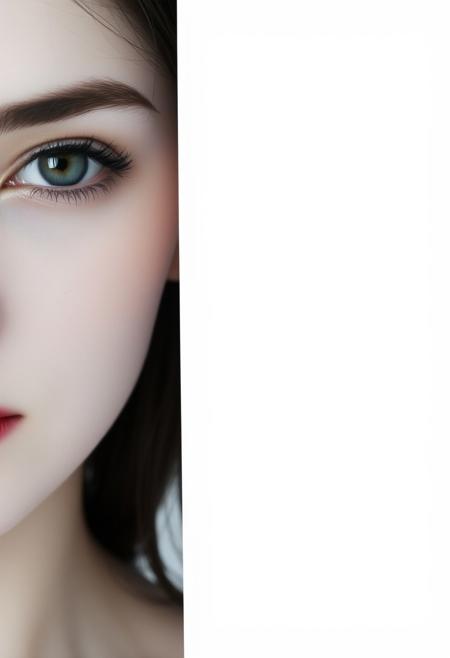 A captivating minimalist portrait of a shy and alluring woman. The left half of her face is visible, with her delicate features seamlessly merging into a blank canvas of white. Her soft, bright red lips contrast against the monochromatic background, drawing the viewer's attention. Her eyes hold a subtle, mysterious expression that exudes both haunting and enchanting vibes. The simplicity of the composition, with its stark contrast, evokes a sense of ethereal beauty. by Sasan