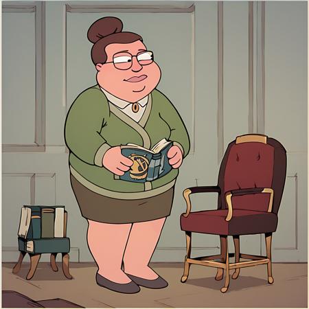 score_9, score_8_up, score_7_up, ellehitler, brown hair, hair bun, glasses, fat woman, standing in an arm chair, reading a book, full body,
<lora:ElleHitlerPonyXL_v2:1>