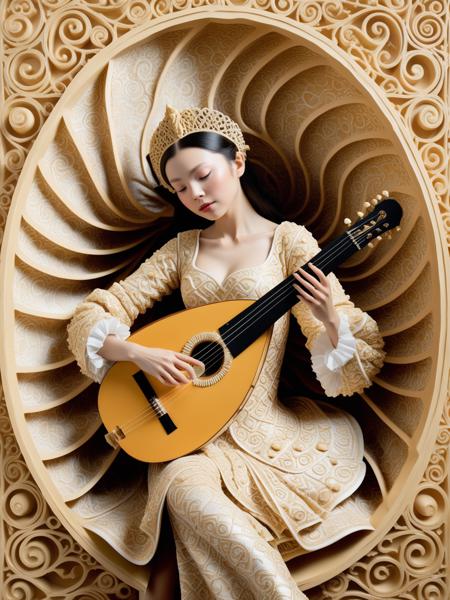 Maze-Minded Minstrel, Dressed in garments patterned like intricate mazes, this character plays a lute resembling an interlocking seashell. Around her, the atmosphere vibrates with her melodies, creating wavy and symmetrical patterns in the air, reminiscent of the most beautiful wallpaper
<lora:fractal-art.v1:1>