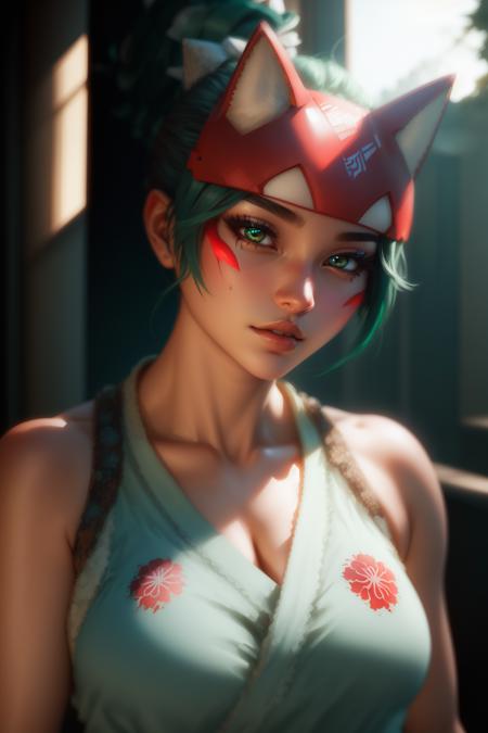 <lora:kirikoOverwatchLORA_v1:0.75> (masterpiece:1.1, best quality),1girl,  kiriko,kiriko \(overwatch\),green hair, ponytail, brown eyes, facial mark, fox mask, half mask, blending, natural lighting, cool colors, blue lighting