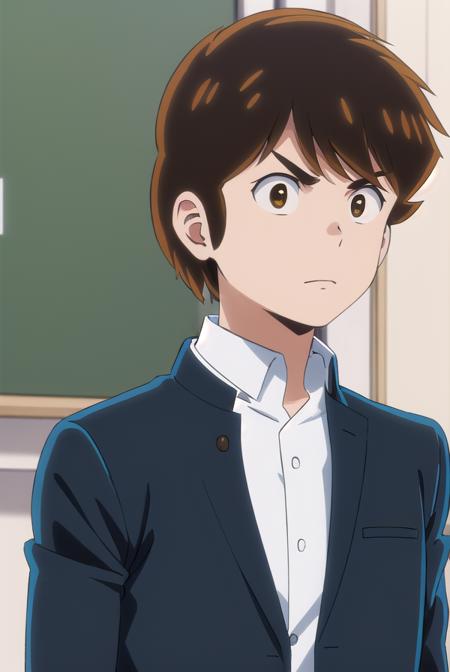 atarumoroboshi, <lora:ataru moroboshi s1-lora-nochekaiser:1>,
ataru moroboshi, brown hair, male focus, (brown eyes:1.5),
BREAK shirt, school uniform, white shirt, collared shirt, pants, black pants, sneakers, gakuran,
BREAK indoors, classroom,
BREAK looking at viewer, (cowboy shot:1.5),
BREAK <lyco:GoodHands-beta2:1>, (masterpiece:1.2), best quality, high resolution, unity 8k wallpaper, (illustration:0.8), (beautiful detailed eyes:1.6), extremely detailed face, perfect lighting, extremely detailed CG, (perfect hands, perfect anatomy),