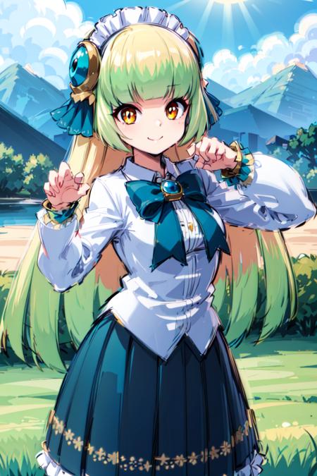 yue zi,1girl,solo,skirt,smile,outdoors,white shirt,bow,long sleeves,green skirt,blunt bangs,bowtie,closed mouth,green bow,pleated skirt,green bowtie,collared shirt,cowboy shot,frilled hairband,