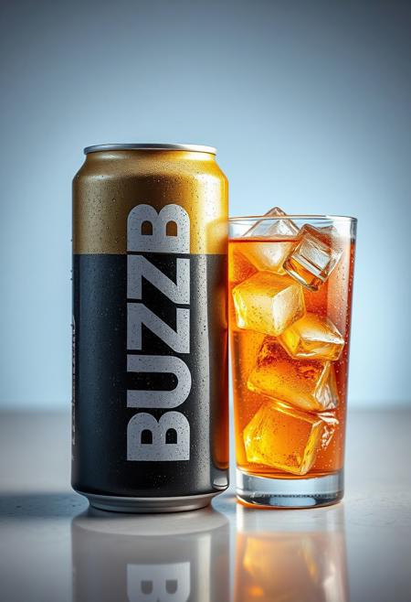 Hyper Realistic can of soda with the letters "BUZZ" down the side of the can, next to a unique glass with ice cubes in it, can has condensation dripping down it