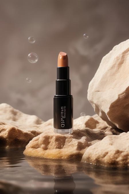 dark red lipstick, ,rock, water, reflect, no humans, depth of field, yellow background, scenery, still life (Product Photography)  <lora:Product Photography:0.85>