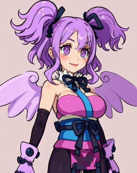 ceefore,  purple hair,  twintails,  purple eyes,  
fingerless gloves, wings , pink kimono, black pantyhose,  hair ribbon, elbow gloves, bare shoulders, 
standing, upper body,  
smile,
casino, 
(insanely detailed, beautiful detailed face, masterpiece, beautiful detailed eyes, best quality),
 <lora:ceefore:0.8>