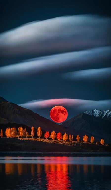 A breathtaking shot of a large full red moon rising behind the mountains at lake tekapo in autumn in new zealand, captured in a macro shot in a dark full of mysterious clouds, incorporating elements that embody the spirit of optimism and possibility infusing a sense of hope; settings: f/10 aperture, 30 sec shutter speed, ISO 200, using a full frame camera with a telephoto lens, from a low angle with the warm tones of the golden hour., <lora:add-detail-xl:1>, <lora:SDXLHighDetail:0.5>