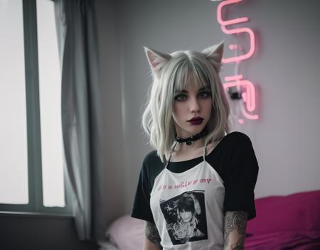 (analog photo:1.1), (a punk catgirl:1.15), (cat ears:1.1), (white short wavy hair:1.2), (20 years old, young:1.2), petite, (pubic hair:1.0), choker, black eyeliner, european, cozy bedroom, (neon glow, cyberpunk:1.2), waves, warm colors, (inviting expression:1.05), RAW Photograph, dslr, soft lighting, high quality, film grain, Fujifilm XT3, (nsfw:1.1), insane details, masterpiece, 8k, 35mm photograph, dslr, kodachrome, vignette, vintage, Kodachrome, Lomography, stained, highly detailed, found footage,
green eyes, black lipstick,  (white hair:1.3),
black t-shirt, (g-string:1.2),