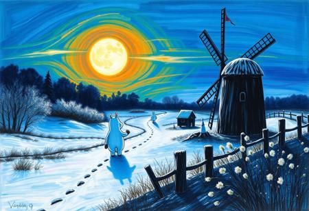 score_9, score_8_up, vivid colors, vibrant colors,  Expressive, vivid colors,  Moomin:3, Moomintrollen:3,  far away, wallpaper, beautiful landscape, masterpiece, moon, moonlight,
looking in the distance:3, backview, looking at moon, windmill, pencil sketch, winter, snow,dark