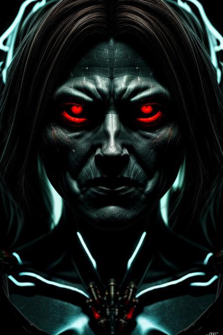 Demon, biomechanical, detailed, portrait, dramatic, cinematic, data mosh, glow,