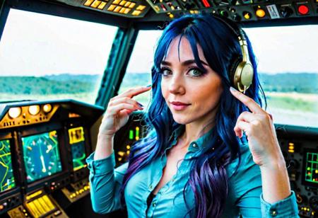 (masterpiece, best quality, realism, HD, highres, high resolution:1.2), extremely detailed, realistic, intricate details, high quality, intricate detail, large complex aerospace digital flight controls, young 20 year old female pilot reaching for overhead switches, detailed realistic hair, thin shoulder length hair, (wavy blue hair:1.4), light summer clothing, joystick, flight yoke, buttons switches and knobs on control panels, (levers:1.25), space view through windows, star field, galaxies, nebulas, dim lighting, bright displays, wide angle photo, digital displays, slide switches, warning lights, Perfect Hands, OverallDetail