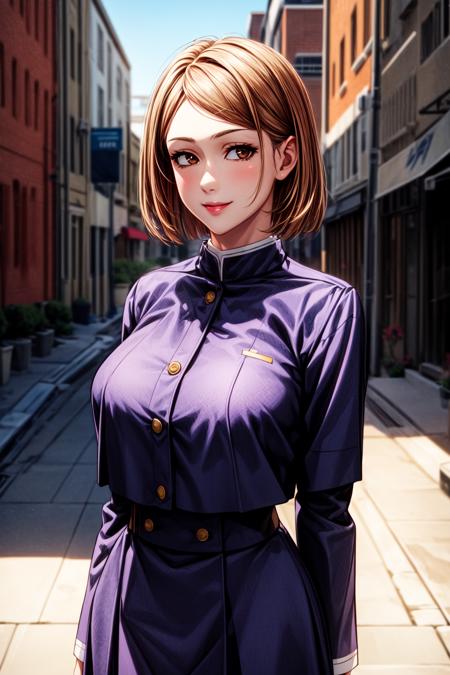 best quality, masterprice, 1girl, (solo:1.1), raytracing, ultra detailed,detailed face, 8k wallpaper, large breasts, smile, wide hips, <lora:more_details:1.1>,  <lora:NobaraNDV:0.7>, NobaraNDV, brown hair, brown eyes, jujuntsu uniform, standing, outdoor, street, detailed background, (ultra detailed:1.2)