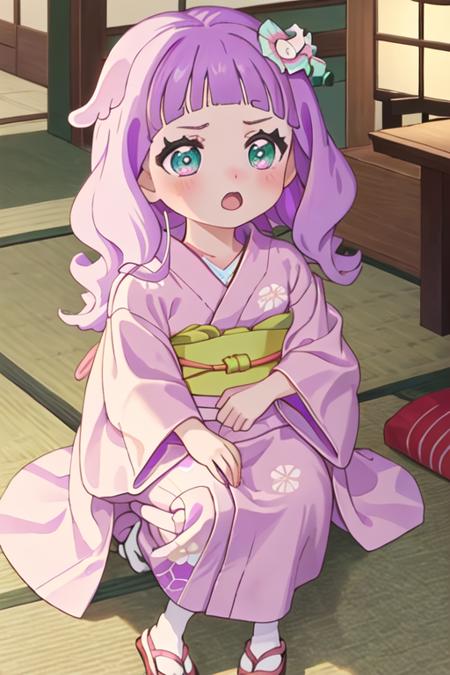 best quality, masterpiece, highres, solo, {yukata:1.40}, {kimono:1.20}, {eruchiyan_hirogaruskyprecure:1.15}, purple_hair, bangs, hair_ornament, green_eyes, blunt_bangs, open_mouth, blush, pink_hair, long_hair, multiple_girls, 2girls, hair_flower