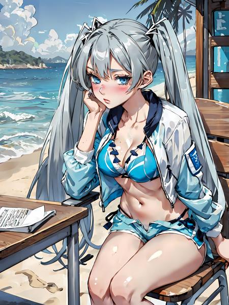 elena, blue eyes, grey hair, twintails, looking at viewer,
beach, chair, table, leaning forward, white bikini, see-through jacket, swimming shorts, midriff, flustered,  <lyco:GoodHands-vanilla:1>, <lora:Game-EternalReturn-Elena:0.8>