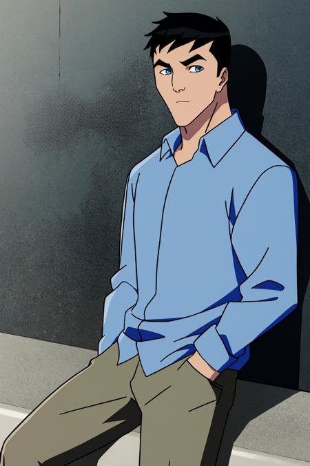 Bruce_Wayne,1boy,solo,black hair,blue eyes,male focus blue shirt 
