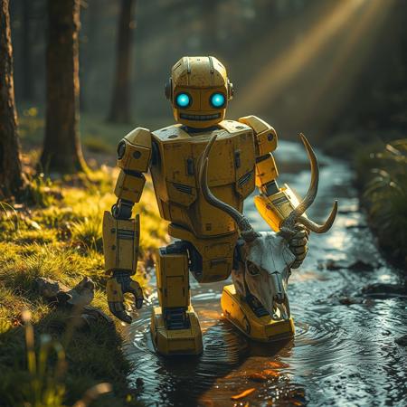 masterpiece, best quality, amazing quality, very aesthetic, hdr , photorealistic, light particles, very detailed, 8k, ambient occlusion, blurry foreground, depth of field, immersive perspective, lens flare, high angle shot,creative angle,neon_silhouette_style, pale yellow silhouette, musky forest with some rock, some ray of light, 1 iron robot, scratched, dirty, standing in a small creek with transparent water, little fishes, blocky chest, no neck, no nose, no mouth, cylindrical head, shiny blue circular eye visors, large blocky feet, large 4-fingers hands, (holding at eye level a white deer skull with small antlers and looking at it), grass bent in waves from the wind, backlight, shadowed face