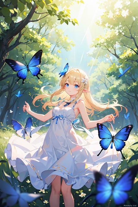 ((masterpiece,best quality)), <lora:GoodHands-vanilla:1>,tyndall effects, reflection light,ray tracing,god rays,forest, blonde hair, long hair,blue eyes, pointy ears, small breasts, white sundress,anadem, hair flower, flying blue butterfly,