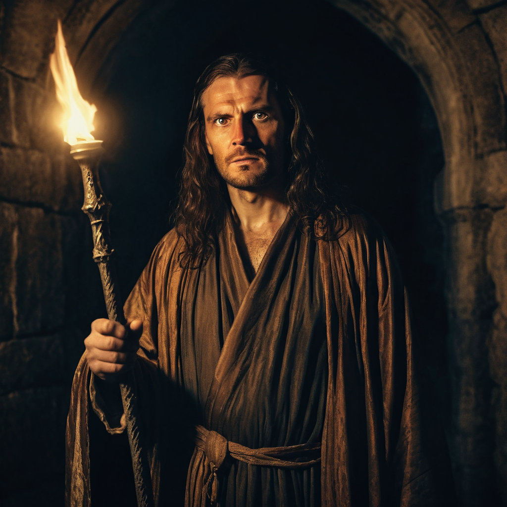 a medieval sorcerer, wearing silk robes, holding a torch, at night dirty face, (faint of enigmatic smile:0.25), serene, looking at viewer, dark castle crypt, eye contact, portrait, vintage photo,