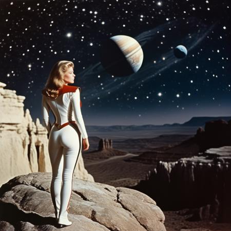 ((masterpiece:1.5)), ((ultra-detailed:1.4)), realistic, 1980s sci-fi movie style, (grainy vintage film look:1.4), (white female figure:1.5) standing prominently, two-thirds of the composition, on a (rugged rock formation:1.3) against a (dark cosmic vacuum:1.3) filled with (distant stars:1.2), (large textured planet:1.2) visible in the remaining third of the background, (high contrast:1.4), neon glow, hues of red, white, and black, minimal in-between colors, (retro aesthetic:1.3), cinematic lighting, slightly faded, (film grain:1.2), (futuristic yet retro armor:1.1)