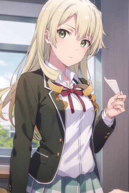 yumikomiura, <lora:yumiko miura s2s3-lora-nochekaiser:1>, 
yumiko miura, long hair, blonde hair, (green eyes:1.3), drill hair,
BREAK skirt, ribbon, school uniform, jacket, black jacket, plaid, plaid skirt, blazer, sobu high school uniform,
BREAK indoors, classroom,
BREAK looking at viewer, (cowboy shot:1.5),
BREAK <lyco:GoodHands-beta2:1>, (masterpiece:1.2), best quality, high resolution, unity 8k wallpaper, (illustration:0.8), (beautiful detailed eyes:1.6), extremely detailed face, perfect lighting, extremely detailed CG, (perfect hands, perfect anatomy),