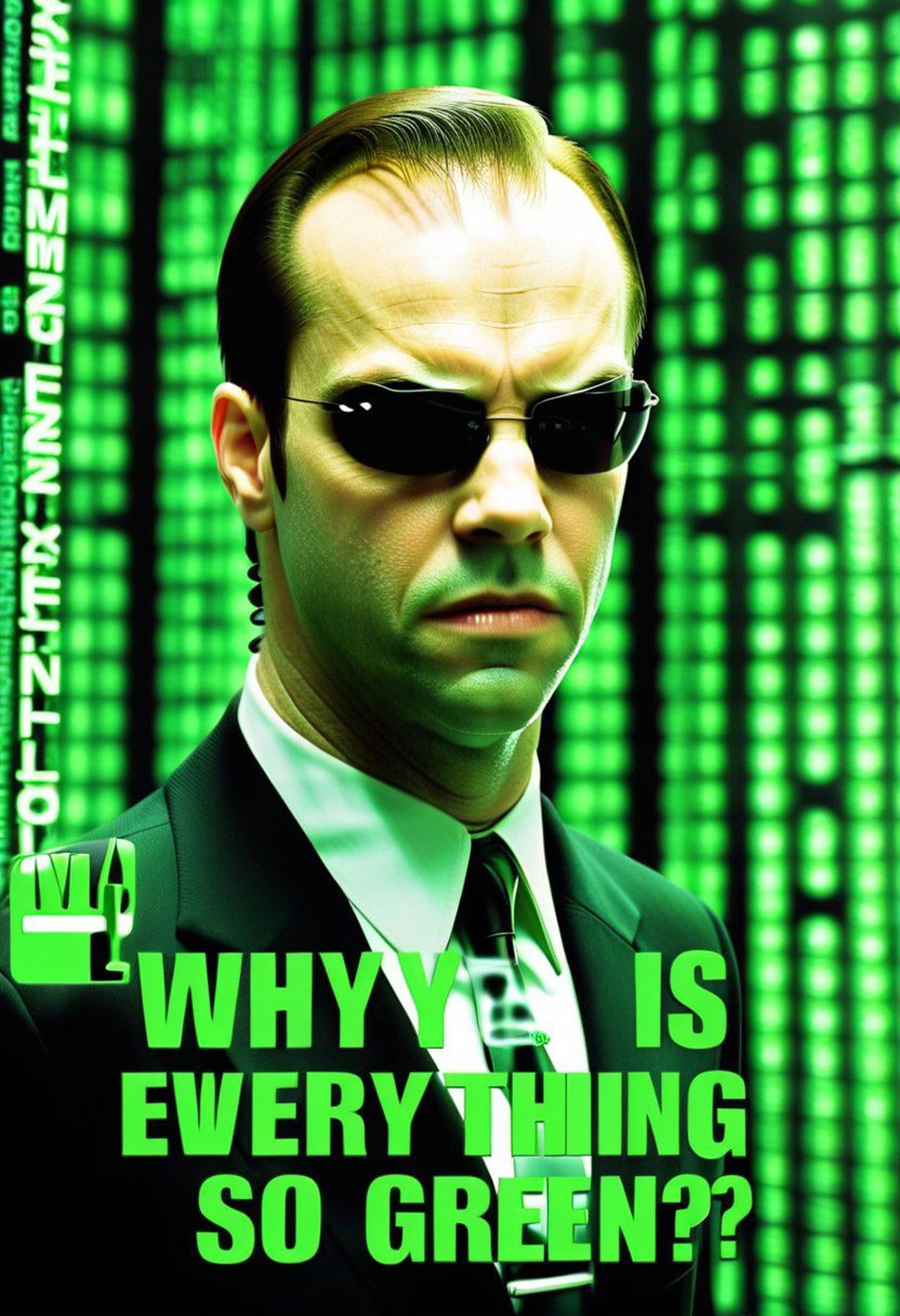 The Matrix Style, agent smith frowning, sign that says "Why_is_everything so_green?", text ,