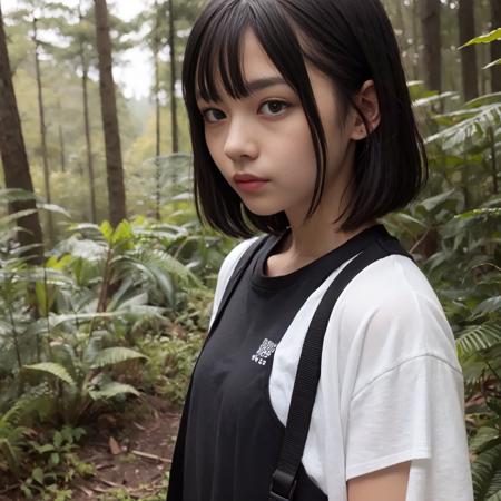 1girl, black hair, black eyes, forest