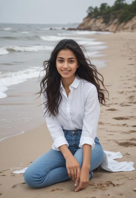 Beautiful Indian girl in a buttoned shirt with jeans with subtle smile sits causally on a sandy beach,with waves crashing her leg.ocean waves crashing against each other, creating white sea foam .Her long hair is windswept.  Tilak on face, eyes with kazal