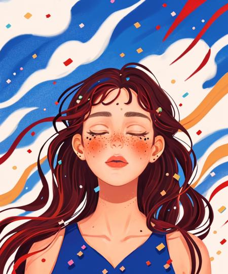 girl, face, colorful, confetti, clouds, sky, blue, red, hair, freckles