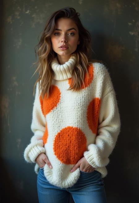 A young woman with medium boobs, perfect eyes, light makeup, posing in a studio. She is wearing a white sweater with very large orange textured spots with a high neck and long sleeves. The sweater is made of a soft, fuzzy material. She has mid length brunette hair with blonde streaks and is wearing blue jeans. The woman is standing with her hands in her pockets and is looking directly at the camera with a seductive expression. rembrandt lighting, grungy textured background wall, dark theme, kodak portra colors, professional color grading , high budget production