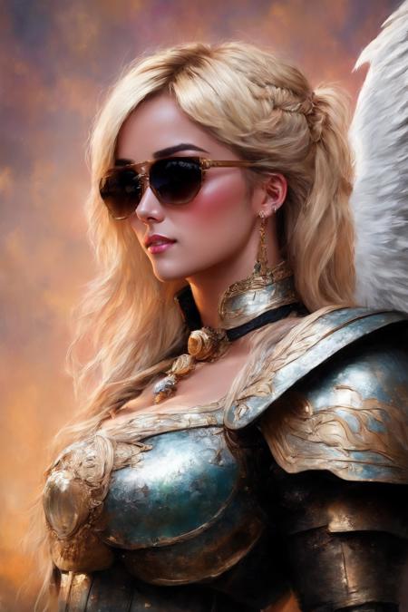 ((Masterpiece, best quality)),beautiful colors, sharp contrast,oil painting, vintage,crackled paint,
walkure, portrait of a  woman ,wearing walkure,wings,armor,winged helmet,painted in walkure style
Blonde Nadia with sunglasses and a choker,
 <lora:edgWalkureXL:1> <lora:NadiaXL:1>