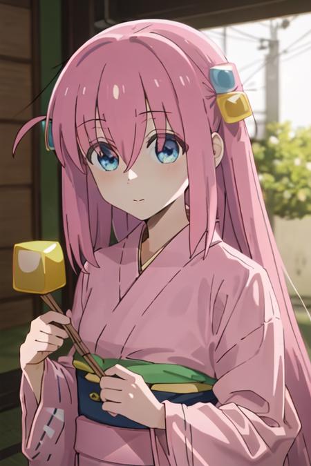 best quality, masterpiece, highres, solo, {yukata:1.40}, {kimono:1.20}, {goto_hitori_bocchitherock:1.15}, pink_hair, bangs, long_hair, hair_between_eyes, cube_hair_ornament, one_side_up, hair_ornament, blue_eyes