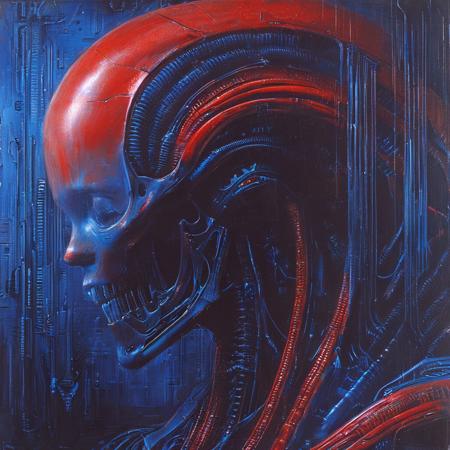 score_9, score_8_up, score_7_up, style of H. R. Giger, solo, 1girl, female android, red and blue, sci-fi background, biomechanical, masterpiece, detailed,