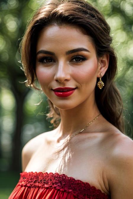masterpiece, best quality, (extremely intricate), (realistic), 35 years old girl  in a park,  detailed eyes, detailed face, smile, closed mouth, verism style, (((medium full shot:1.3))), bare shoulders,  aesthetic dress, aesthetic background, perfecteyes, deepjourney, elegant dress, Highlights hair , huge breats, honey eyes,volumetric light, light fog, Rainy, dynamic pose, looking away, red dress, skin details, red lips