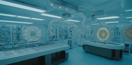 a complex thick bifurcated robotic cnc surgical arm cybernetic symbiosis hybrid mri 3 d printer machine making some iridiscent squid embryo organic ceramic fractal forms in inspection laboratory control panel room, lcd screens, knobs, drone camera lens orbs, 3 point lighting, highly detailed larval stage, natural color scheme, photo still from movie by denis villeneuve, <lora:JuggerCineXL2:1.0>