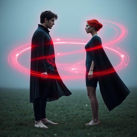 an ethereal and glowing representation of an royal dark haired masculine with perfect hands and dark hair, and a elegant red headed woman both wearing dark capes, standing barefoot in the grass. They are facing each other. They are both emitting a vibrant electromagnetic field resembling Earth's magnetic field, characterized by sweeping aurora-like arcs and lines that curve outward from the head and wrapping around to the feet of the figure. Use shades of red, blue to mimic Earth's aurora borealis, with a subtle shimmering effect to enhance the dynamism of the magnetic field. The overall tone should feel both scientific and artistic, blending realism with an otherworldly aesthetic.