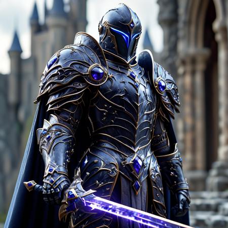 Close up shot of a beautiful knight, wearing ObsidianTanzanite armor and cape, holding glowing sword infront of him, standing up, castle in background, HKStyle, HD, masterpiece, best quality, hyper detailed, ultra detailed, super realistic