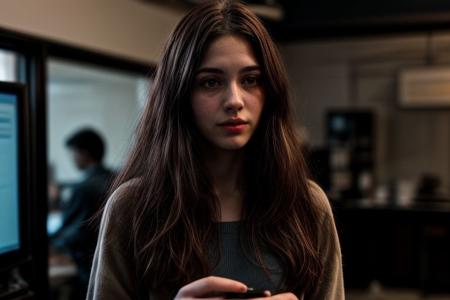 A pretty north European young woman, solo, happy, supermodel, light brown hair, long wavy hair, pale skin, slim eyebrows, perfect face, small nose, blue big eyes, small rose lips, big tits, nice breasts, cleavage, blue dress, holding a large screen smartphone in hand, looking at smartphone screen. Hacker workplace background, some computers, some server racks, strange technology devices, epiCPhoto, <lora:pytorch_lora_weights:0.5>, <lora:picxer_real:0.7>, <lora:FilmVelvia3:0.3>, <lora:more_details:0.6>