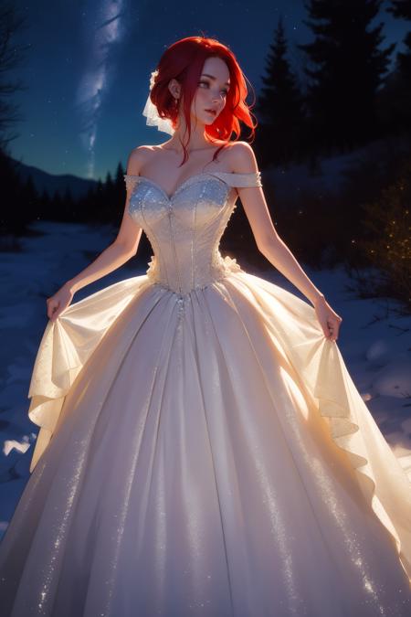 masterpiece, best quality, high quality, <lora:detail_slider_v4:2>  <lora:age_slider_v6:3>  1girl, red hair, <lora:glitterw3d:0.8> glitterw3d, dress, bare shoulders, white dress, strapless, strapless dress, wedding dress, glittery, winter, evening, outdoors, forest, night sky,