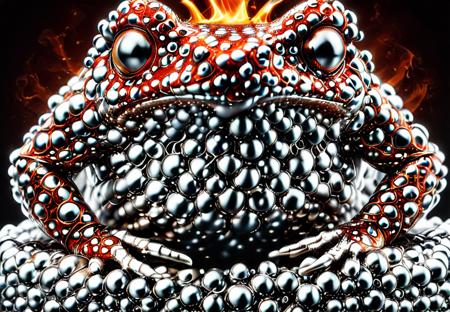 Ultra-detailed CGI (amazonian white frog) made of Balls of Chrome Steel, crafted entirely from gleaming, reflective chrome and crimson metal spheres, surreal blend of bright primary colors.
The intricate network of spheres forms the tireâs rubber, spokes, and hubcap with surreal precision, glinting under intense studio lighting.
Molten reflections ripple across the curved surfaces, with streaks of glowing orange, red, and gold hinting at searing speed.
Steam rises subtly from the metallic ground, and a faint fiery glow backlights the wheel, emphasizing the sense of motion and power.
Extreme close-up perspective, cinematic depth of field, hard rim lighting, surreal mechanical realism, expressive brushwork:1.2, highly detailed, macro-style CGI. <lora:Balls_of_Chrome_Steel:1.05> <lora:SecretLab:0.8> secretlab <lora:Challenge_Winnifier_2025-03:1> [ soulful, expressive features | intricately textured surface with fine brushwork | brushstroke texture inspired by Van Gogh | reflecting an inner universe  ]