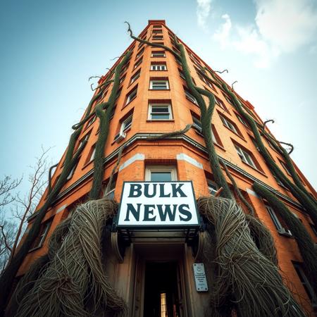 Viewed from an upward looking low angle to increase its sense of height. A large abandoned brick multistory building extends high up. The building is overgrown and infested with large vines with thorns. A sign on the building reads: "Bulk News", the surrounding environment is an arid desert like environment.