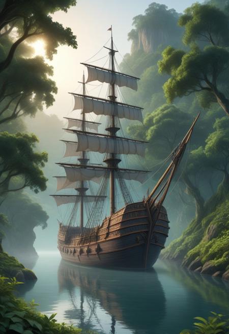 Pencil_morph_style,
8k, score_9, score_8_up, score_7_up,
detailed face,detailed eyes,masterpiece,Anime style,ultra detailed, vibrant colors,
no human,Large sailing ship (detailed hull:1.2),  ancient wooden galleon, (detailed sails:1.2),  anchored in calm, misty forest cove, surrounded by lush green trees (detailed foliage:1.1),  dark, moody atmosphere, tranquil scene, calm water reflecting the ship's silhouette, (water reflections:1.1),  misty, ethereal light,  golden hour lighting,  photorealistic style,  digital painting,  middle-ground perspective,  ship positioned centrally in the frame,  facing slightly to the left,  calm waters and lush surroundings,  natural light,  cool color palette,  high detail digital art,  8k resolution,  (detailed rigging:1.2), (rope details:1.1),  calm and serene composition.